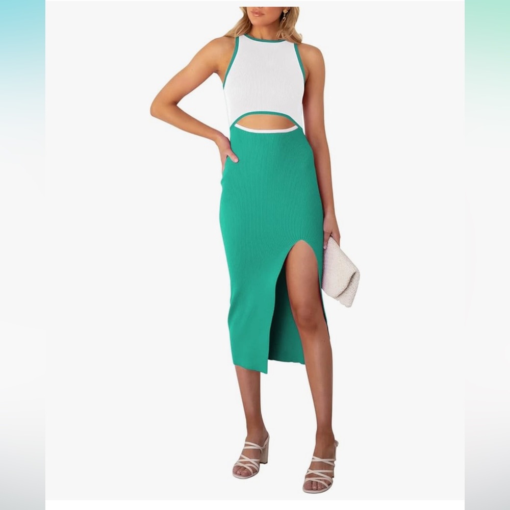 Women’s Elegant Green and White Crew Neck Sleeveless Bodycon Midi Knit Dress S